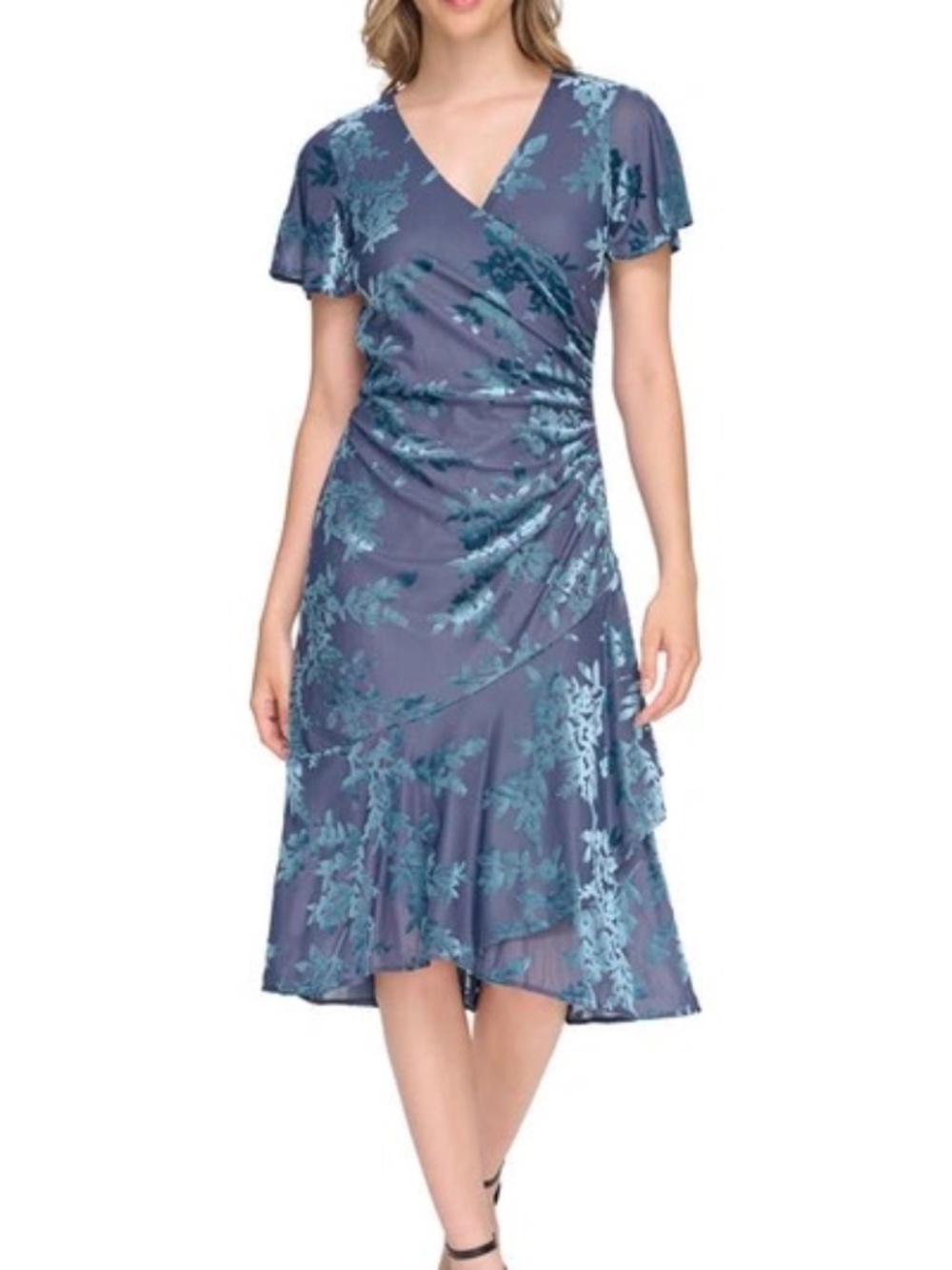 Kensie Floral Velvet Burnout Faux Wrap Midi Dress In Blue